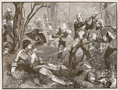 La muerte del Hacedor de Reyes en la Batalla de Barnet, c.1880, ilustración de Cassells Illustrated History of England de English School